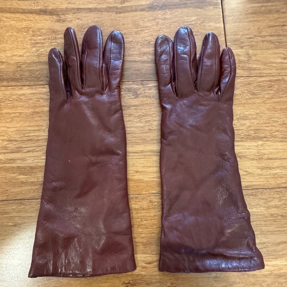 Portolano Maroon Brown Women’s Leather Gloves with Beige Cashmere Lining. Size 7